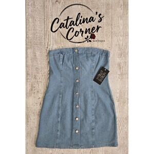 NWT Fourteen Twelve Strapless Denim Mini Dress Light Wash Button Front Blue XL